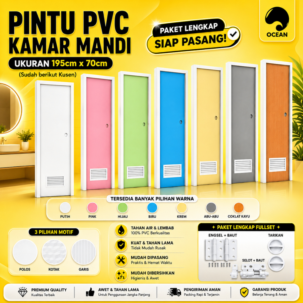 PINTU KAMAR MANDI FULL SET SIAP PASANG / PINTU PVC WARNA POLOS KOTAK GARIS | 1 SET TERMASUK KUSEN