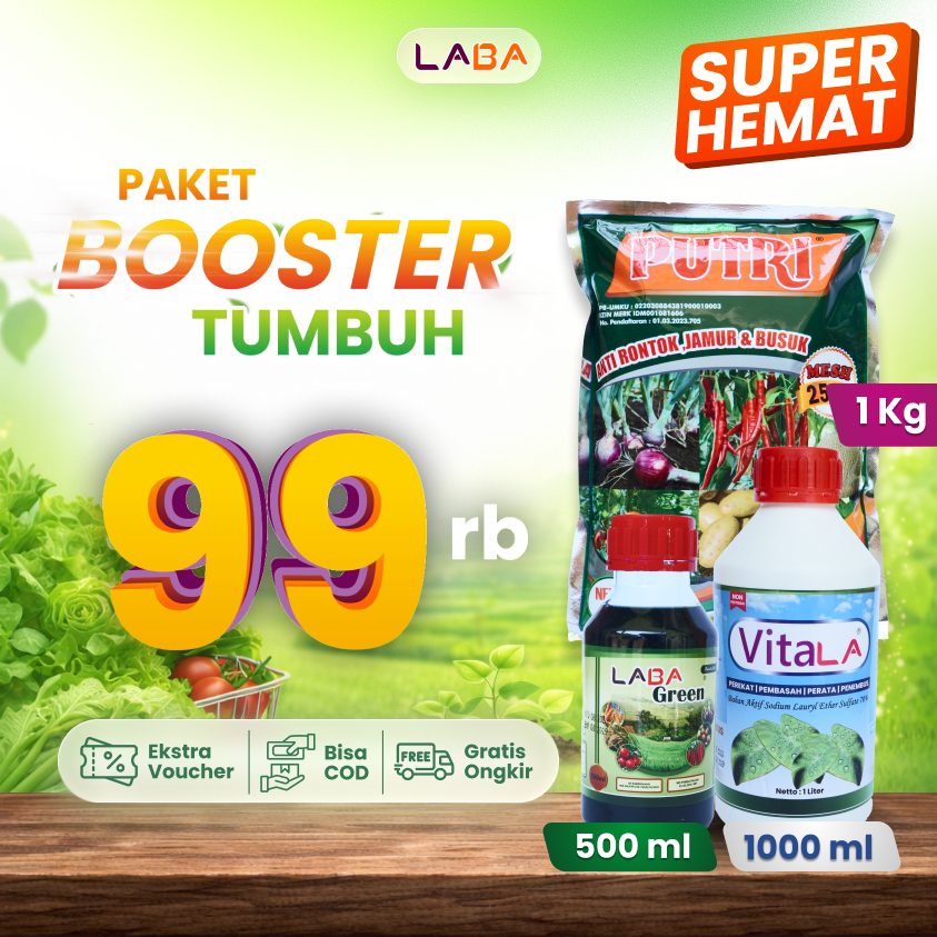 PAKET BOOSTER TUMBUH - Paket Fase Vegetatif - Pupuk Daun LABA Green 500 ml, Kalsium PUTRI 1 Kg, dan 