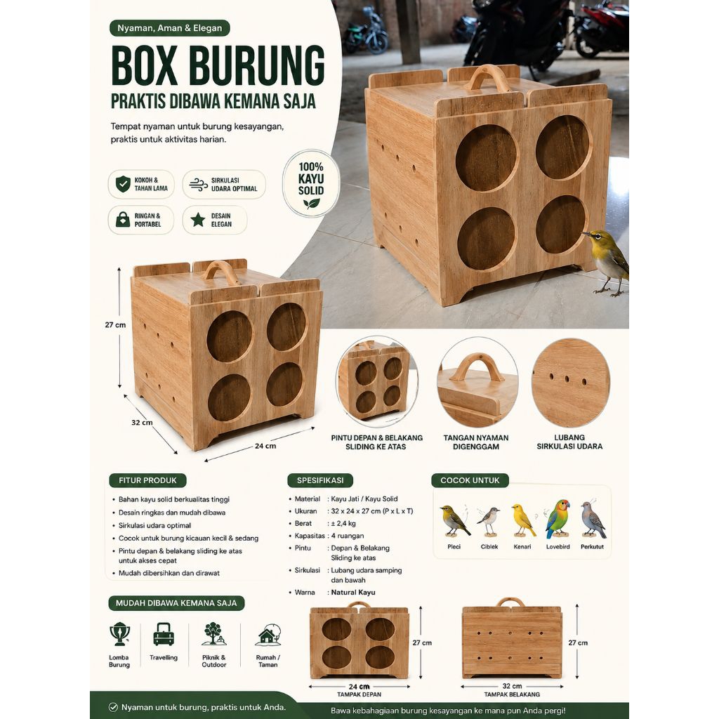 Box Burung kayu jati – Tempat Bawa Burung Praktis & Aman