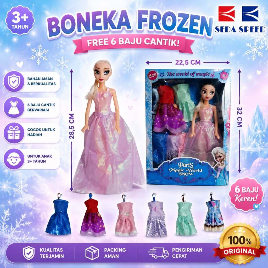 MAINAN ANAK PEREMPUAN BONEKA FROZEN FREE 6 BAJU (312C)