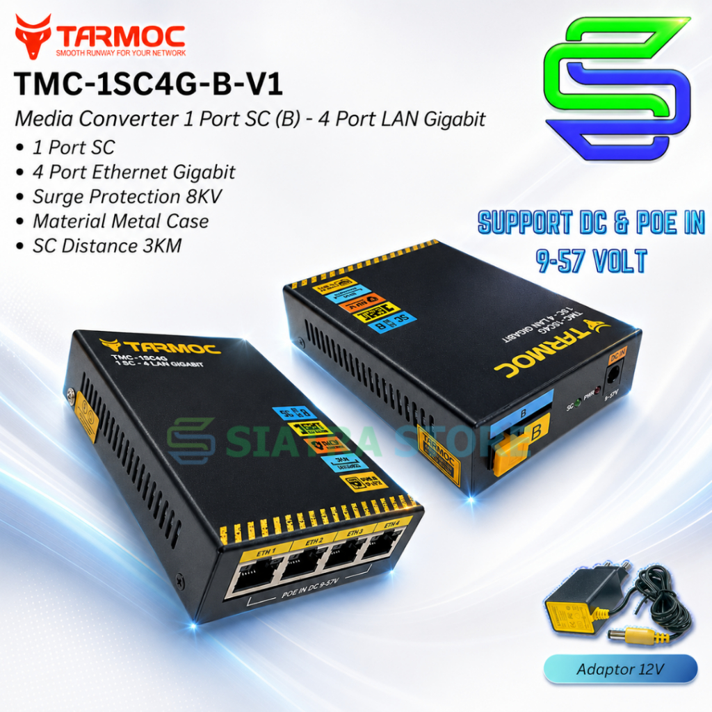 Tarmoc TMC-1SC4G-B-V1 | Media Converter Switch 1FO 4LAN / 1 FO 4 LAN Gigabit POE IN 9-57 Volt | 1SC 