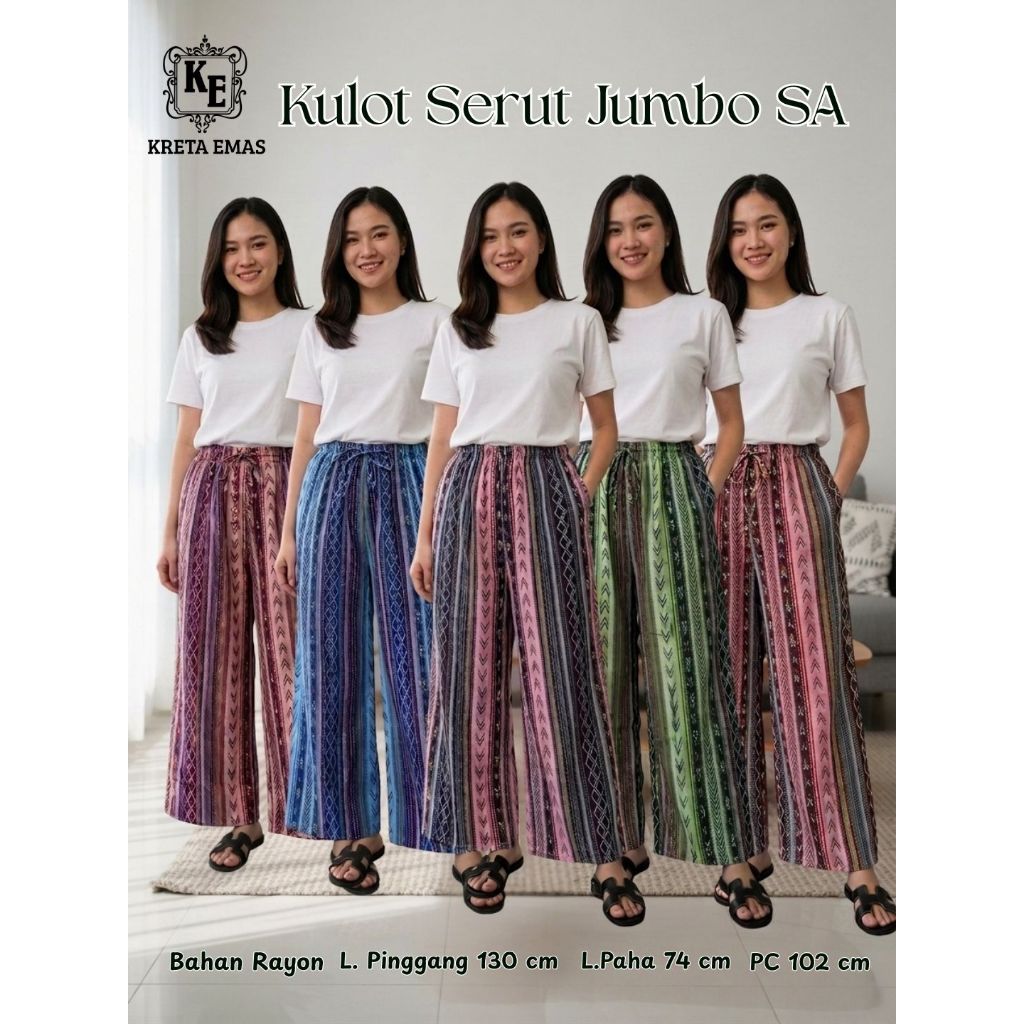 KRETA EMAS SEKAR ASRI KULOT SERUT KOLOR PANJANG SERUT JUMBO BIGSIZE PLUS SIZE Bahan Rayon Super Adem