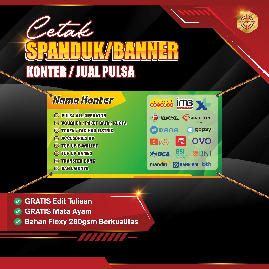 Cetak Spanduk PPOB Konter Pulsa Premium Bahan Flexi 280gsm