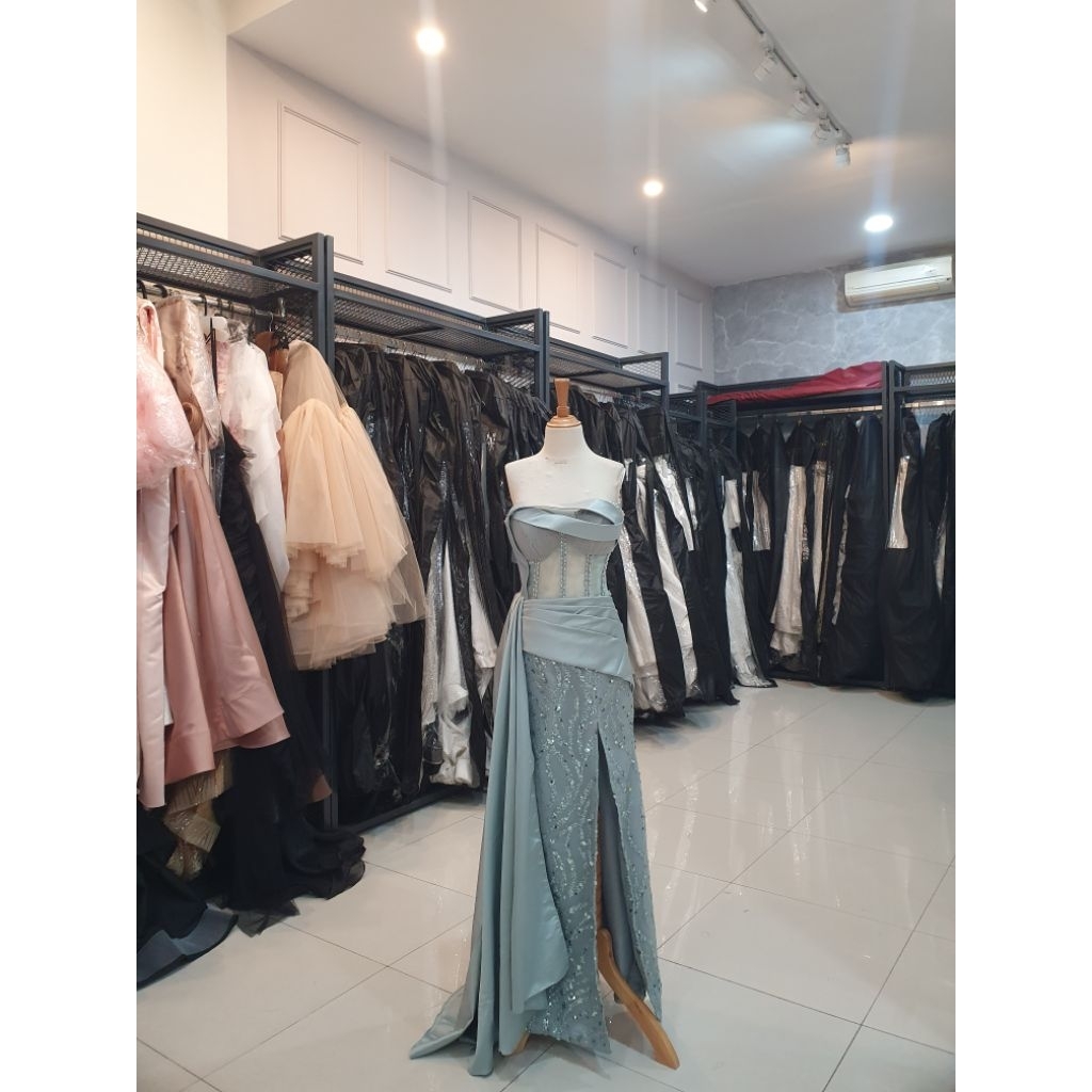 Baju Pesta warna hijau sage bahan kain payet atas transparan size M belakang tali