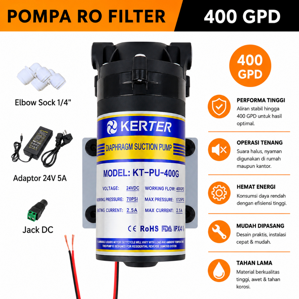 Pompa RO 24V Pompa Air RO 400 Gpd Dengan Adaptor Booster pump RO pompa dorong filter RO