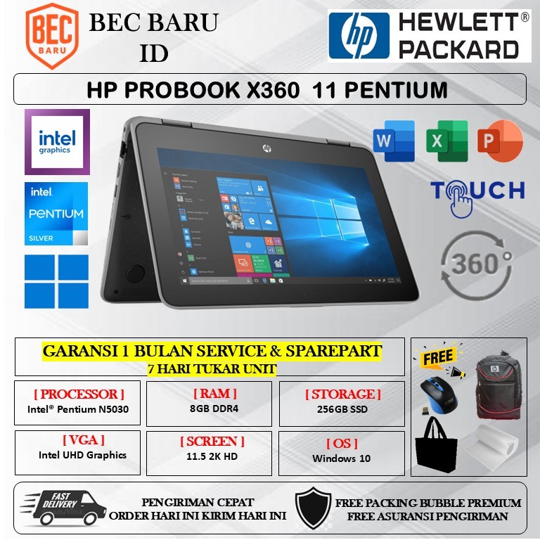 HP PROBOOK X360 11 PENTIUM SILVER N5030 8GB 256GB 11.6 TOUCH WIN11PRO GREY SECOND- GARANSI 1 BULAN -