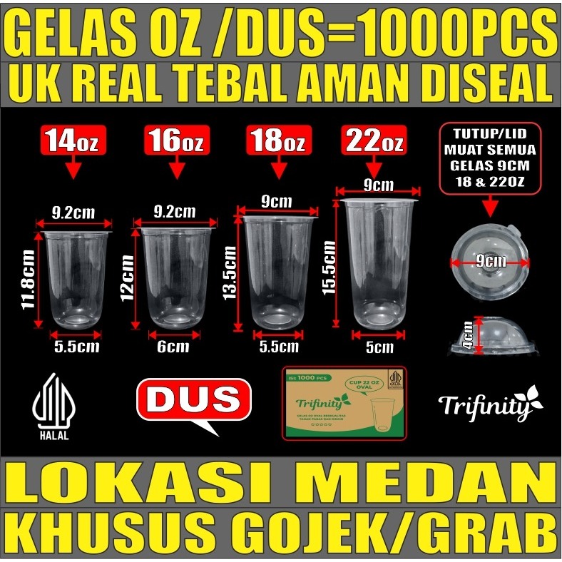 Gelas Oz Plastik Oval Tebal 14oz 16oz 18oz 22oz Cup Pop ice Murah Trifinity Per Dus Gojek Medan