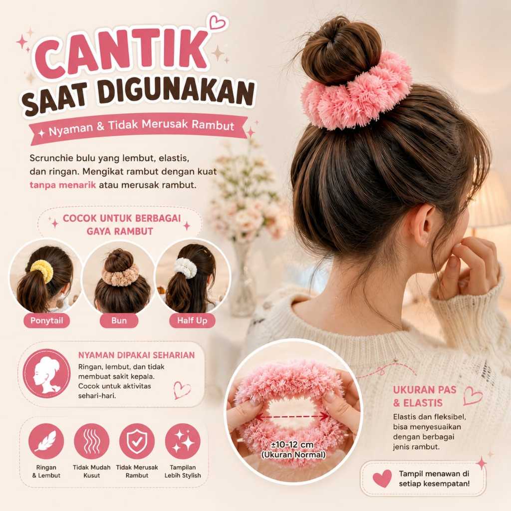 Scrunchie Bulu Jumbo Premium Ikat Rambut Wanita Korean Style Lembut Tidak Merusak Rambut