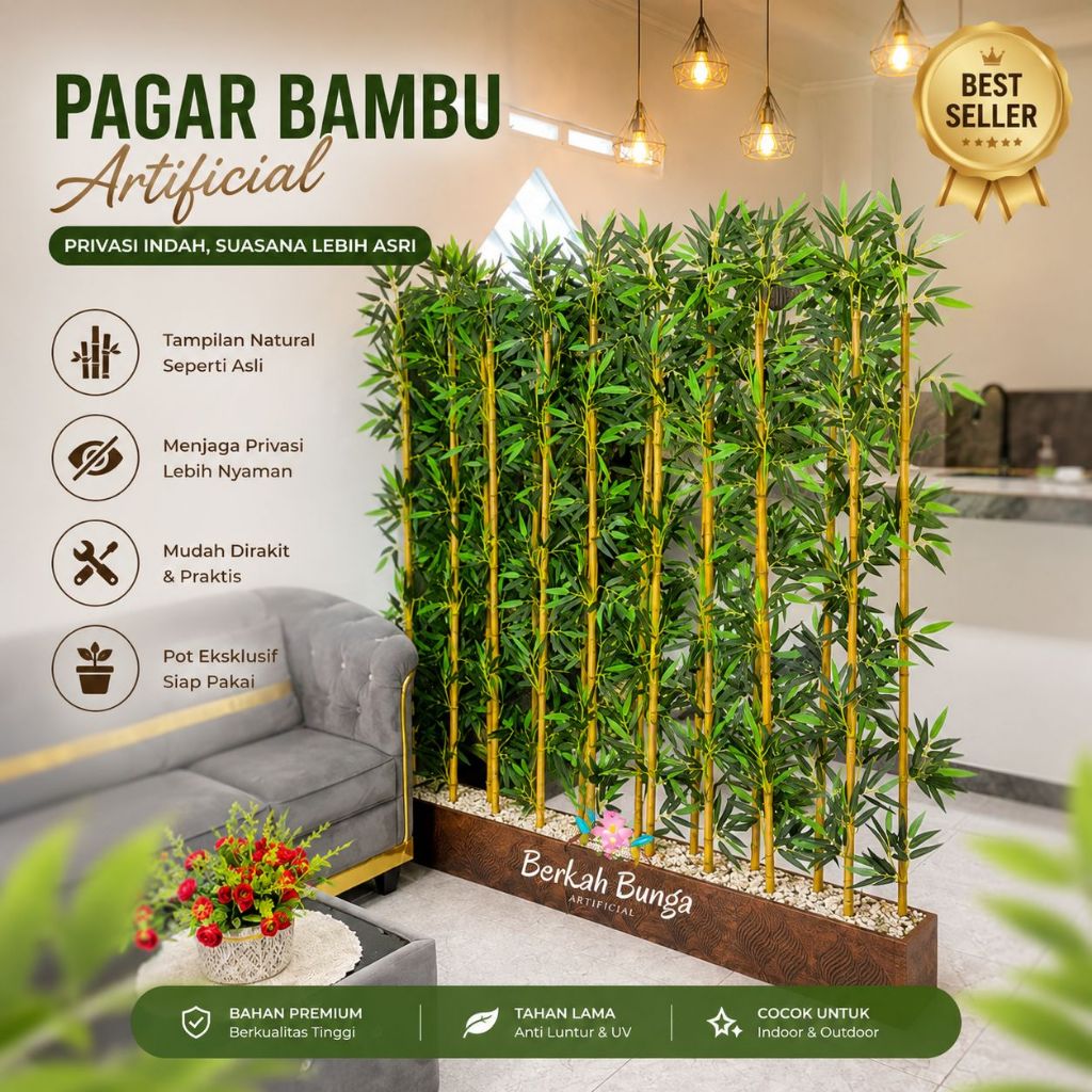 Partisi penyekat ruangan T 170cm  ~Penyekat Pembatas Ruangan Tirai Bambu Bunga Sudut Bunga Pojok Tan