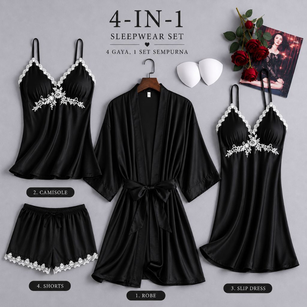 Piyama Wanita 4 in 1 Silk Sutra  – Kimono Dress Hotpants  - Baju Tidur Wanita Sexy