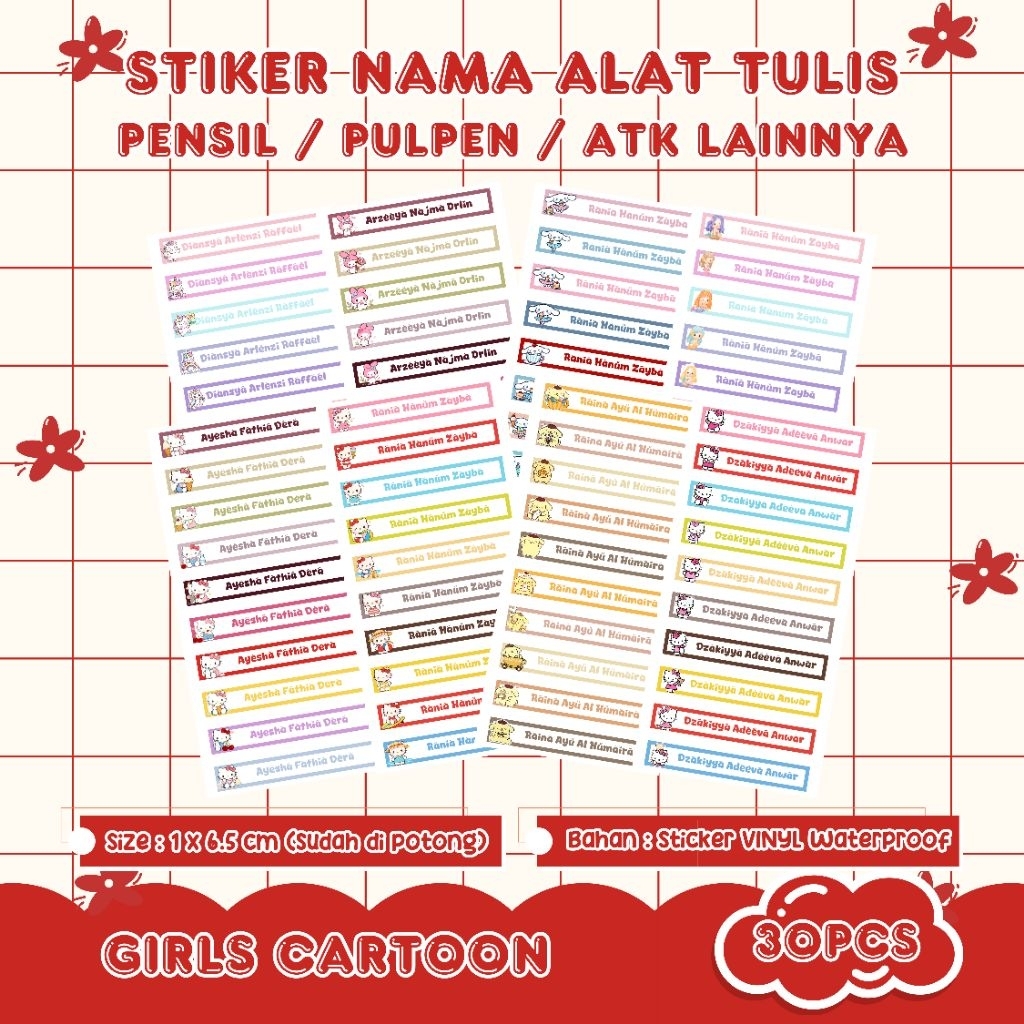 Back to School | Stiker Label Nama ATK Custom Nama Waterproof 30pcs - Girls