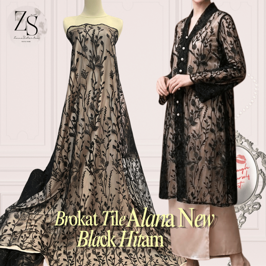 1/2 meter Kain Brokat Tile Bordir Bahan Kebaya Motif Bunga Floral / Alana Series/ Hitam Black