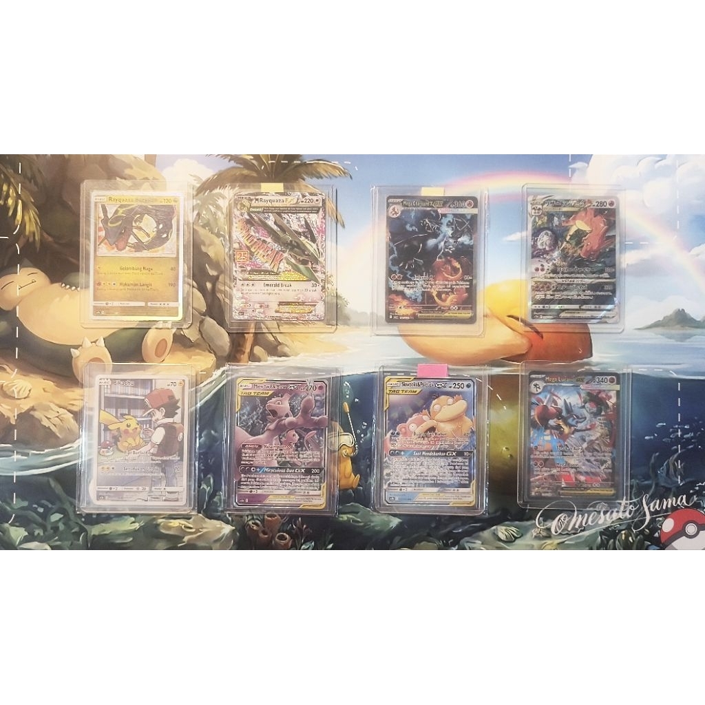 Mega Charizard SAR Indo, Mega lucario Indo, tag team psyduck  Mega Rayquaza Ex, Pikachu Chr, Chariza