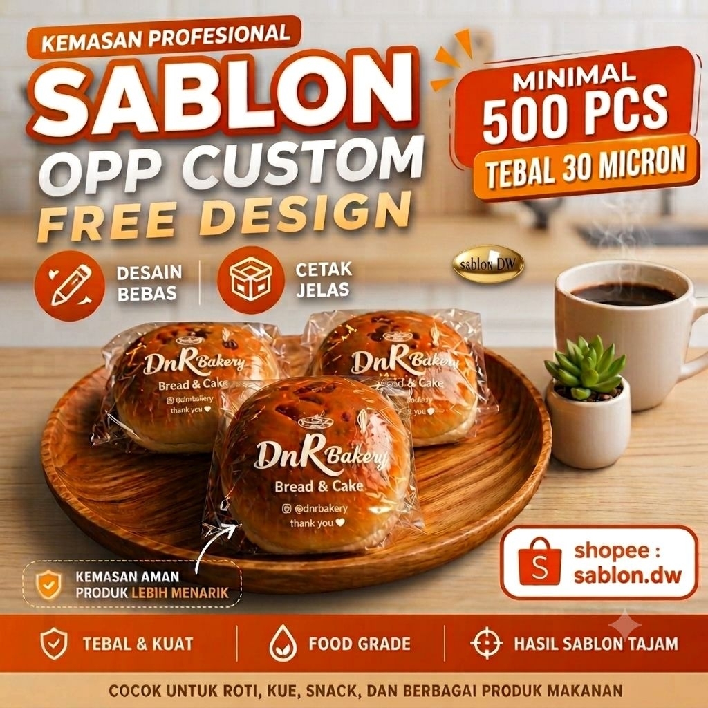 Sablon Plastik OPP Custom Logo Kemasan Roti Snack Bakery Transparan Free Desain tebal 30 micron mini
