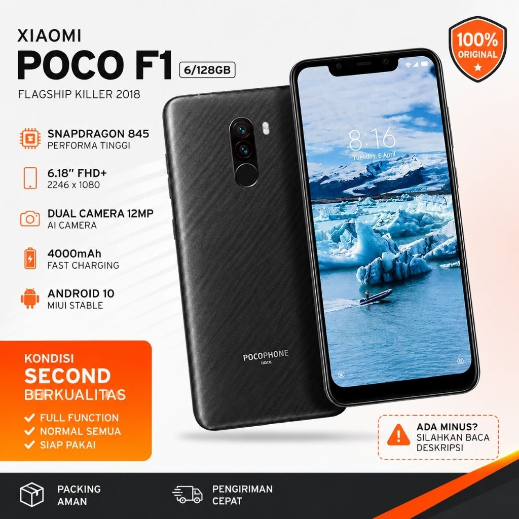 XIAOMI POCO F1 6/128GB BLACK - SECOND RESMI INDONESIA hp handphone smartphone second xiaomi pocophon