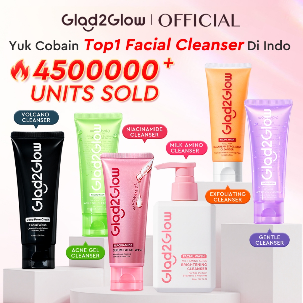 Glad2Glow Facial Wash All Series-Pembersih low pH lembut/niacinamide/brightening/ACNE/eksfoliasi/asa