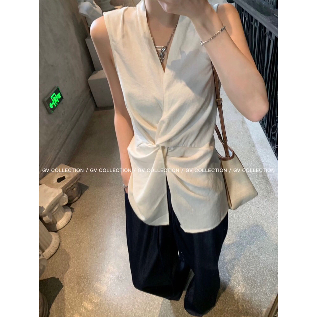 Blouse Atasan Wanita Sleeveless V Neck Twist Front | Atasan Putih Korean Style Elegant Casual Kantor