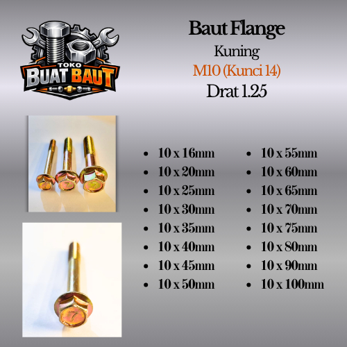 (10 Pcs) Baut Flange Kuning , Ukuran M10=Kunci 14, Lapis Galvanis