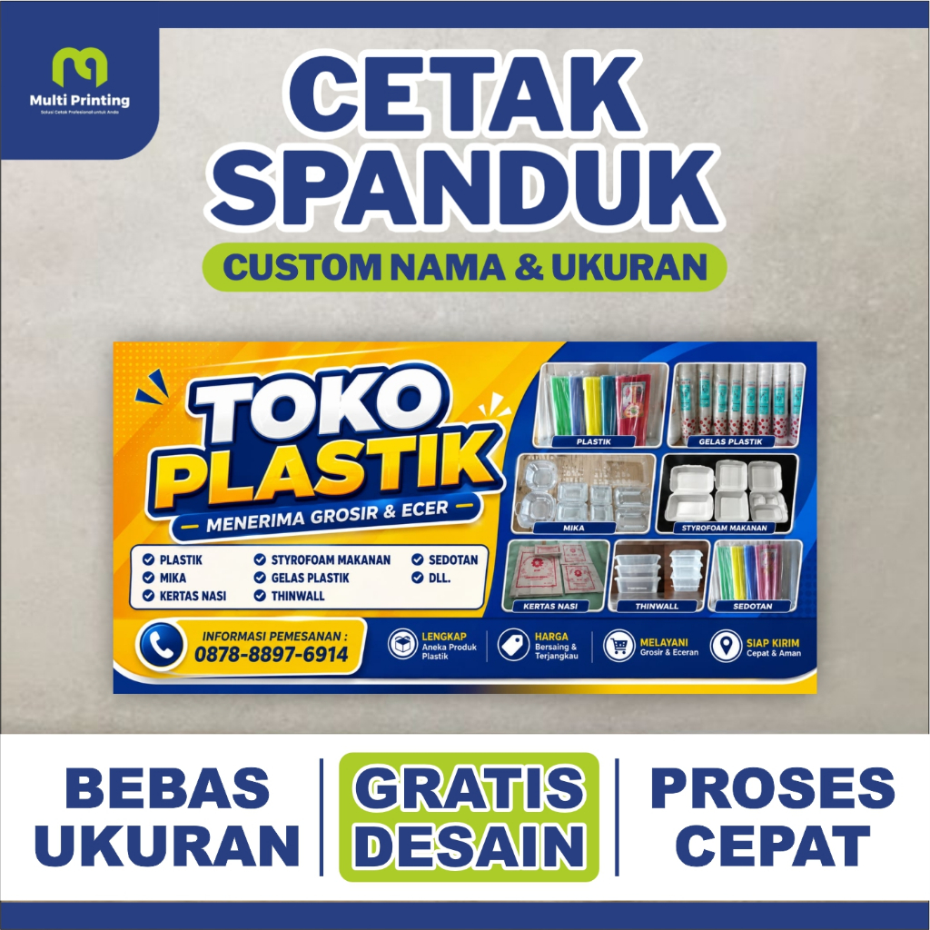 Cetak Spanduk Banner Toko Plastik| Spanduk Flexy Cina | Custom Ukuran, Teks & Kalimat