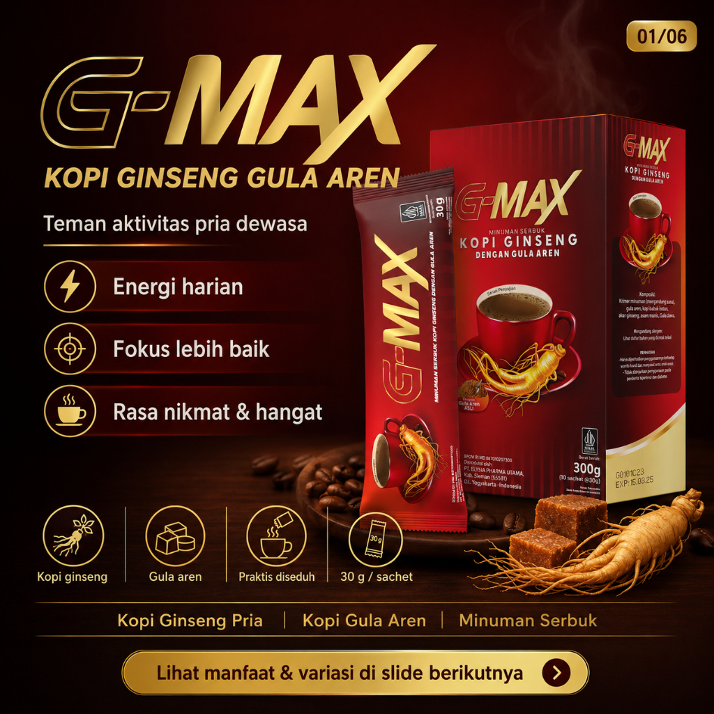 G-MAX Kopi Ginseng Gula Aren 30g | Kopi Pria Dewasa Minuman Serbuk Energi Harian