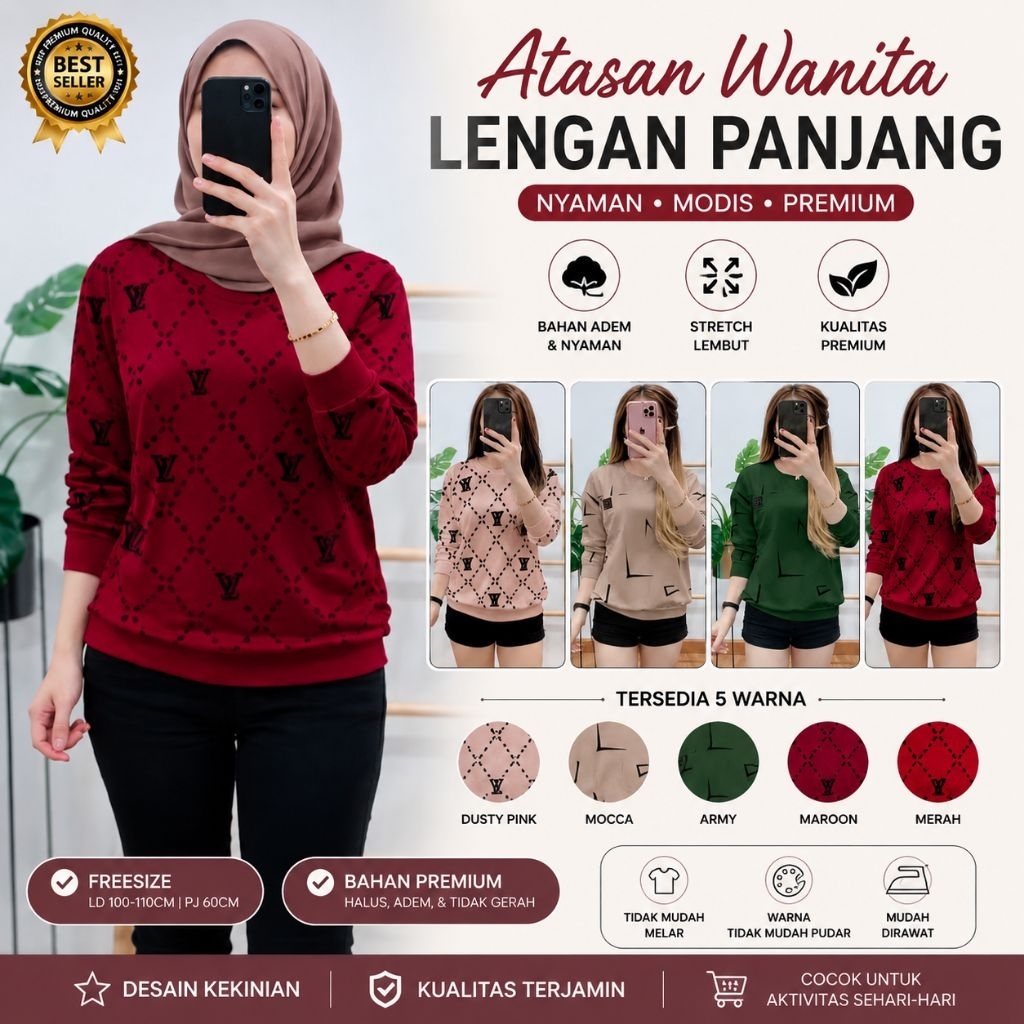 Atasan Wanita Lengan Panjang Kekinian | Kaos Wanita Muslimah Lengan Panjang | Kaos Wanita Gaya Korea