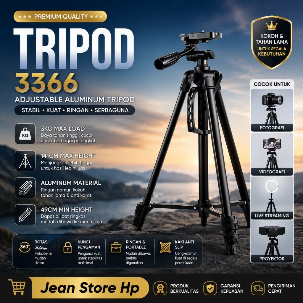 TRIPOD 3366 ADJUSTABLE ALUMINUM TRIPOD