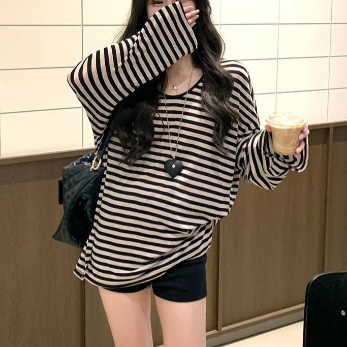 [Enamor] Kaos lengan panjang longgar bergaris retro ala Korea untuk wanita model slim-fit baru musim