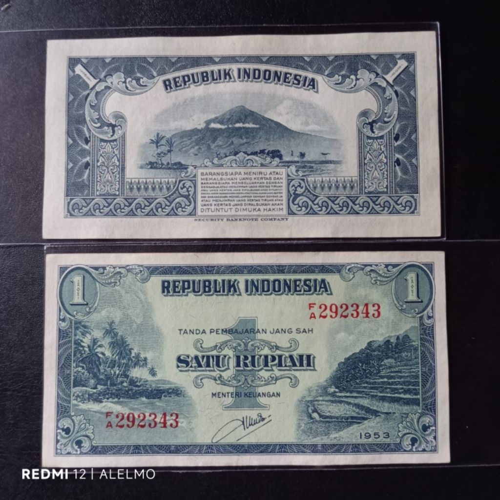 uang kertas 1 rupiah pemandangan alam tahun 1953 seperti baru bagus asli