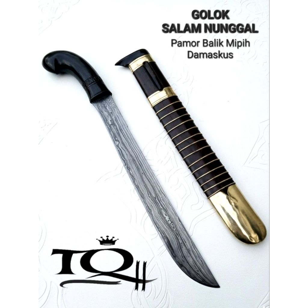 PAMOR Damaskus Balik Mipih Golok Salam Nunggal Klasik Gagang Tanduk Premium TQ11