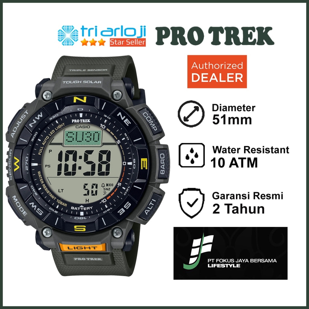 Casio PROTREK PRG-340-3DR Jam Tangan Pria Digital Outdoor PRG340 Hijau PRG-340-3 Triple Sensor