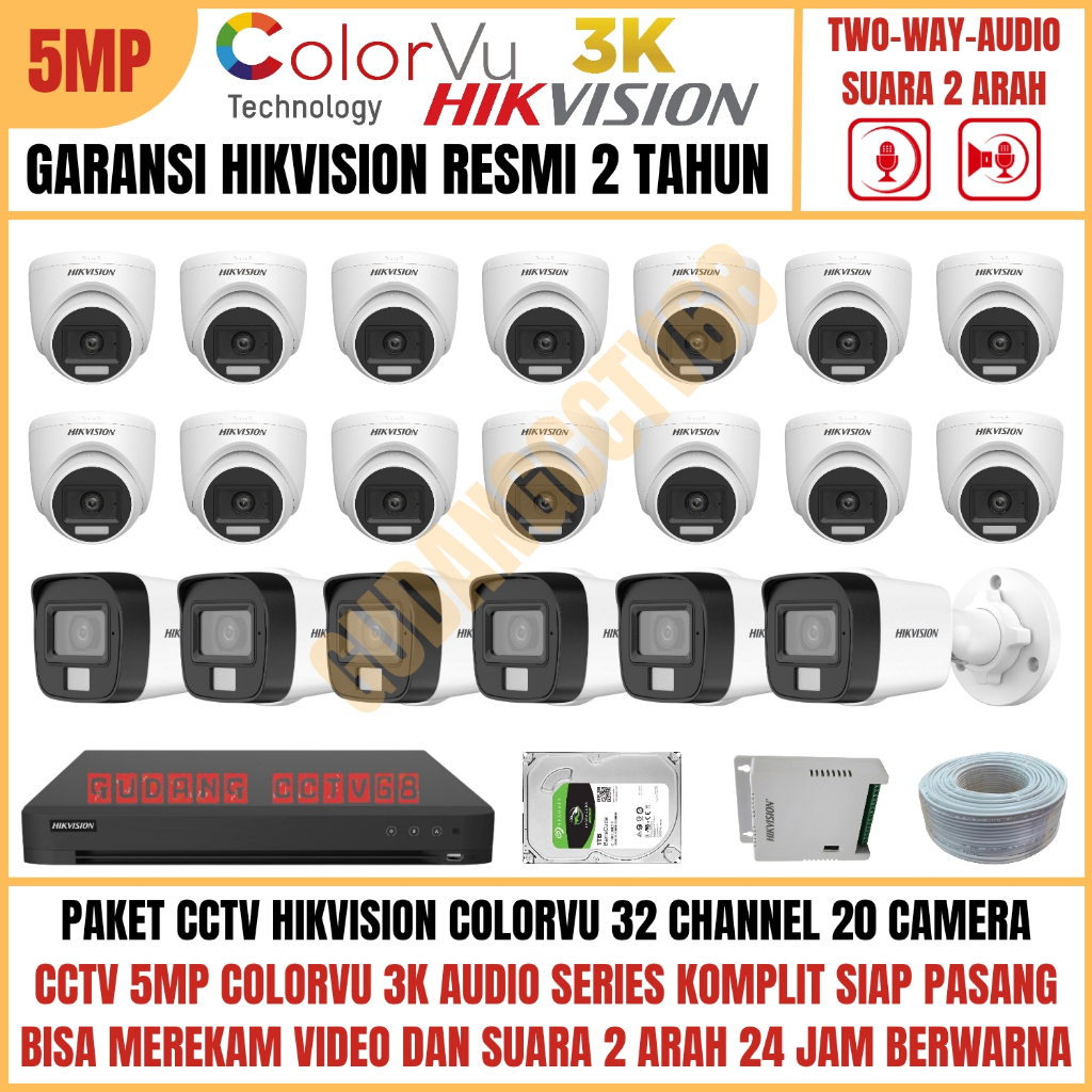Paket CCTV HIKVISION COLORVU 32 Channel 20 Camera 5MP 3K Full Colour AUDIO TWO WAY Komunikasi 2 ARAH