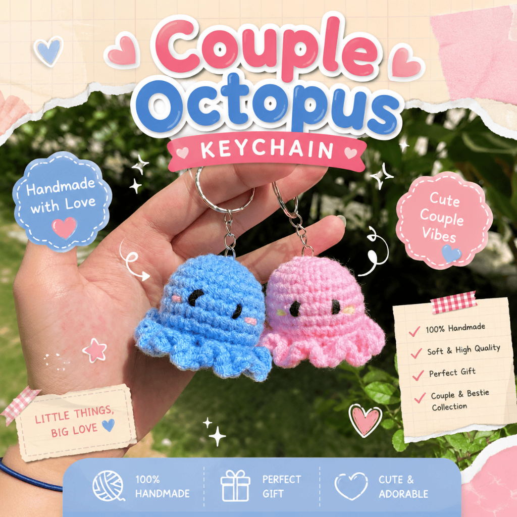 Couple Octopus Keychain Handmade Rajut Lucu | Gantungan Kunci Pasangan Estetik