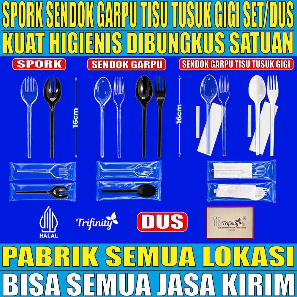 Trifinity Cutlery Set Spork Sendok Garpu Tebal 7.2gr Steril Kuat Tisu Tusuk Gigi Higienis Bening Dus