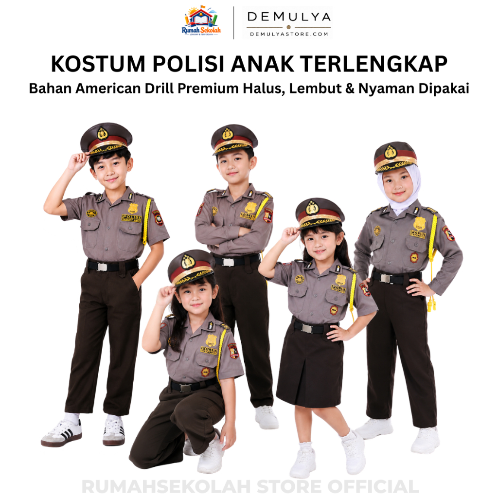 Set Kostum Baju Polisi POLRI Anak Sabara Laki Perempuan Seragam Profesi Costum Karnaval Set Lengkap