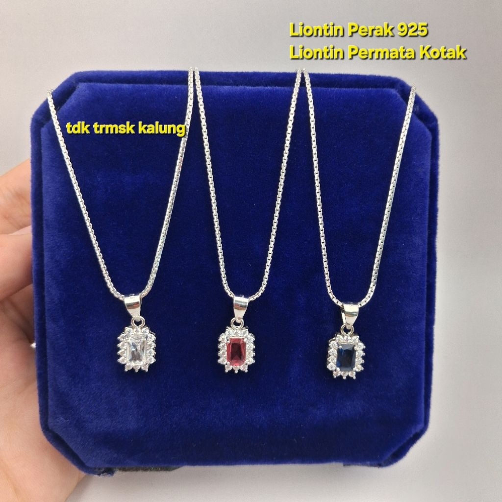 Liontin Perak 925 Liontin Batu Permata Kotak Merah Muda, Putih, dan Biru
