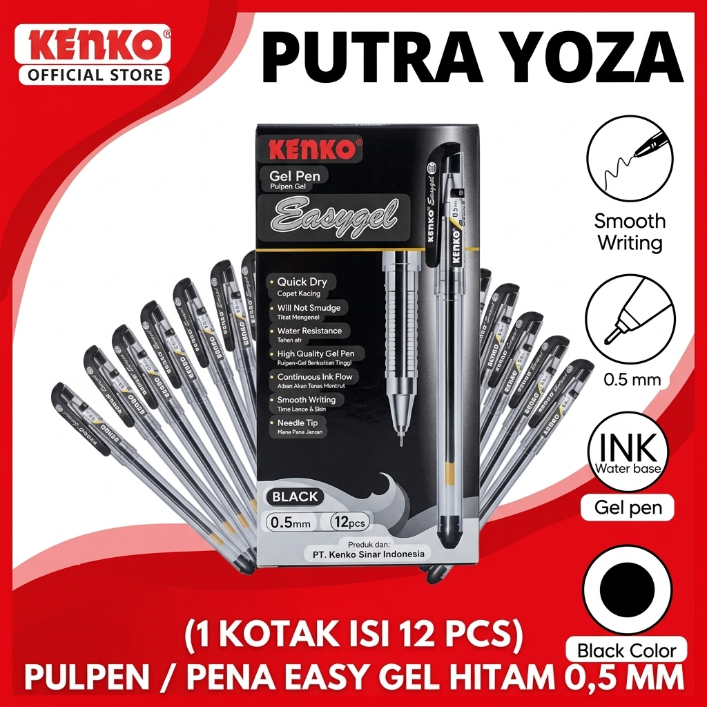 (1 KOTAK : 12 PULPEN) Kenko Easygel Pulpen Gel 0.5mm Hitam / Pulpen/Pena Easy Gel Kenko Hitam