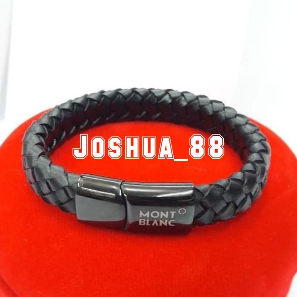 Gelang Kulit Pria Brecelet Mont Blanc Leather Branded Black/Silver Premium