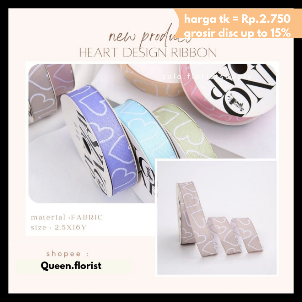 ECER  HEART DESIGN RIBBON KOREAN RIBBON MOTIF GARIS UJUNG PITA PREMIUM  LEBAR 2.6CM PREMIUM PITA KAD