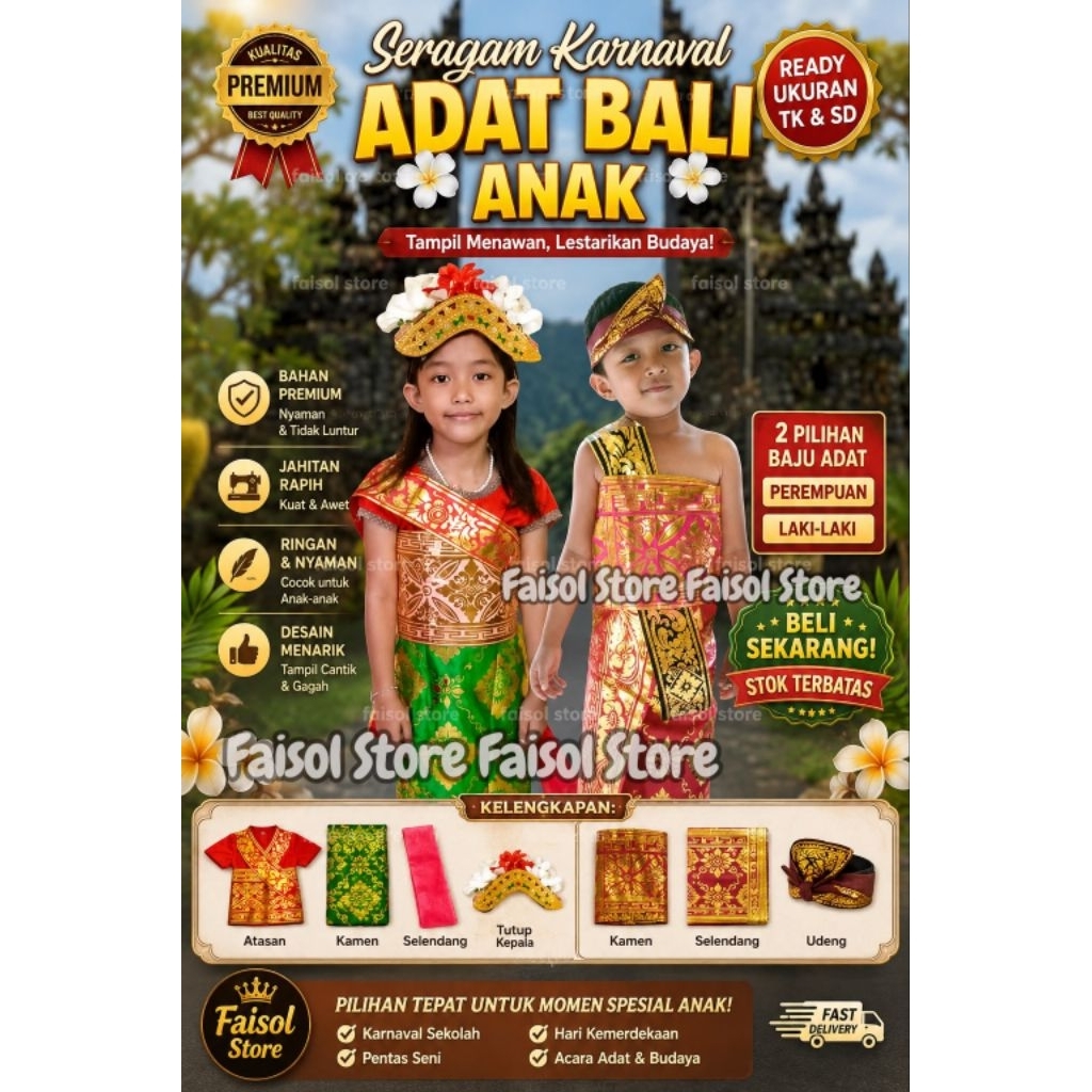Baju Adat Bali anak sepasang cowok-cewek TK-SD