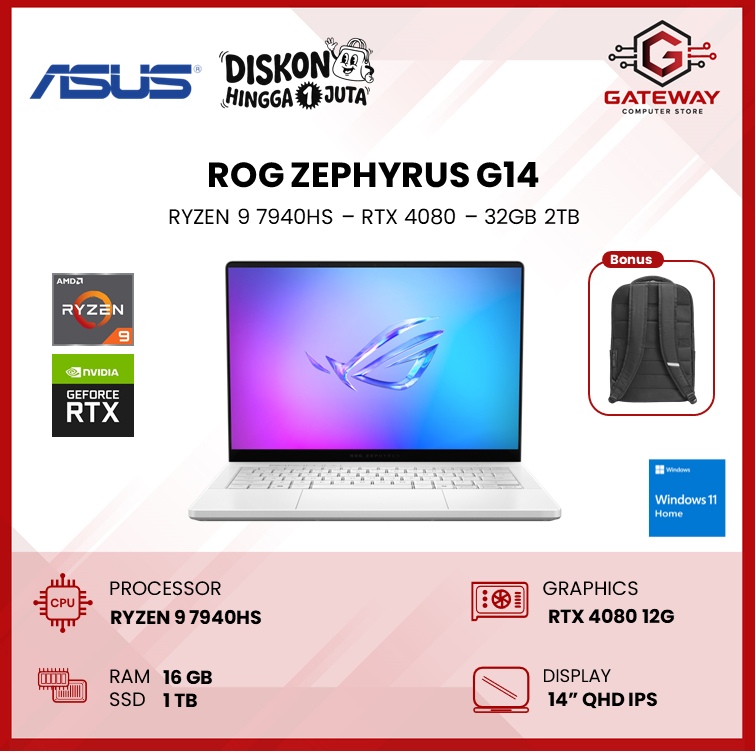 ASUS ROG Zephyrus G14 Ryzen 9 7940HS RTX4080 32GB 2TB W11 14 Inch QHD IPS - GA402XZ