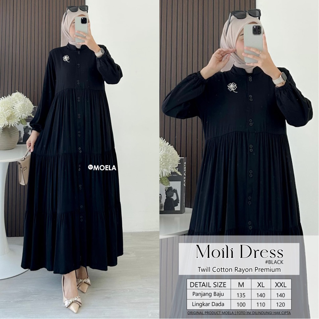 Dress gamis polos hitam putih Moili Miuri Folma Jueli Areni Nuasi Folmi by Moela berlabel