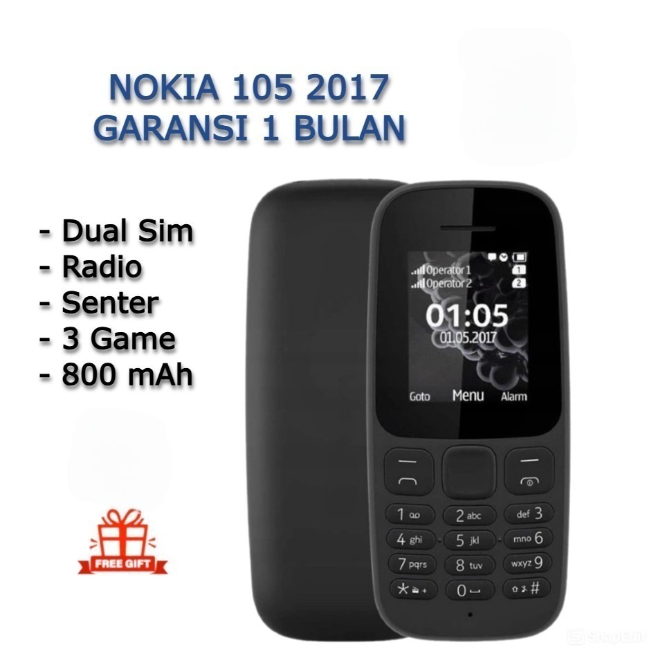 HP NOKIA 105 2017 BARU GARANSI 1 BULAN DUAL SIM RADIO SENTER GAME 800mAh
