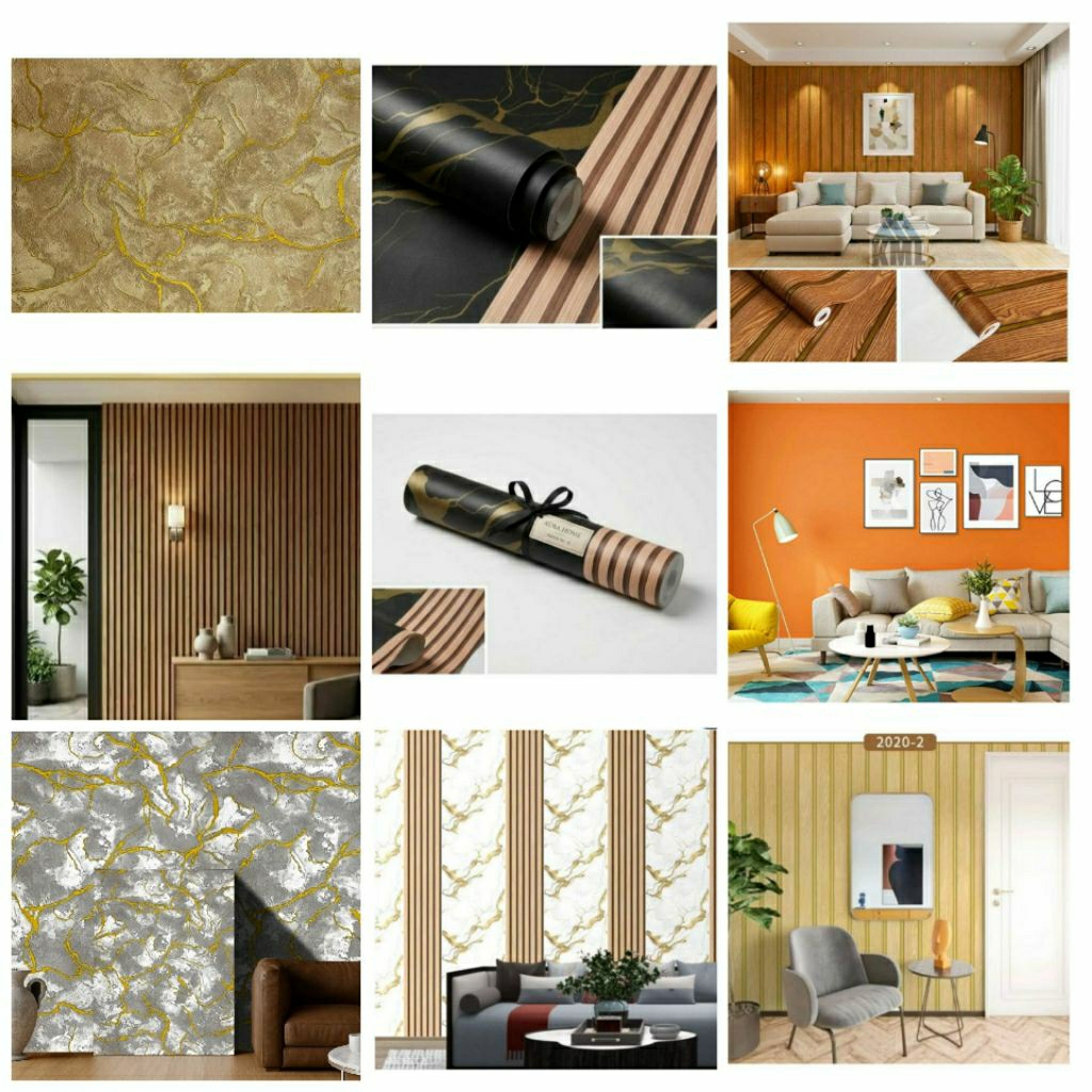 Premium Wallpaper Motif Panel Lis Gold Coklat Tua Muda Batik Bunga Gold Wallsticker Dinding Semen Ab