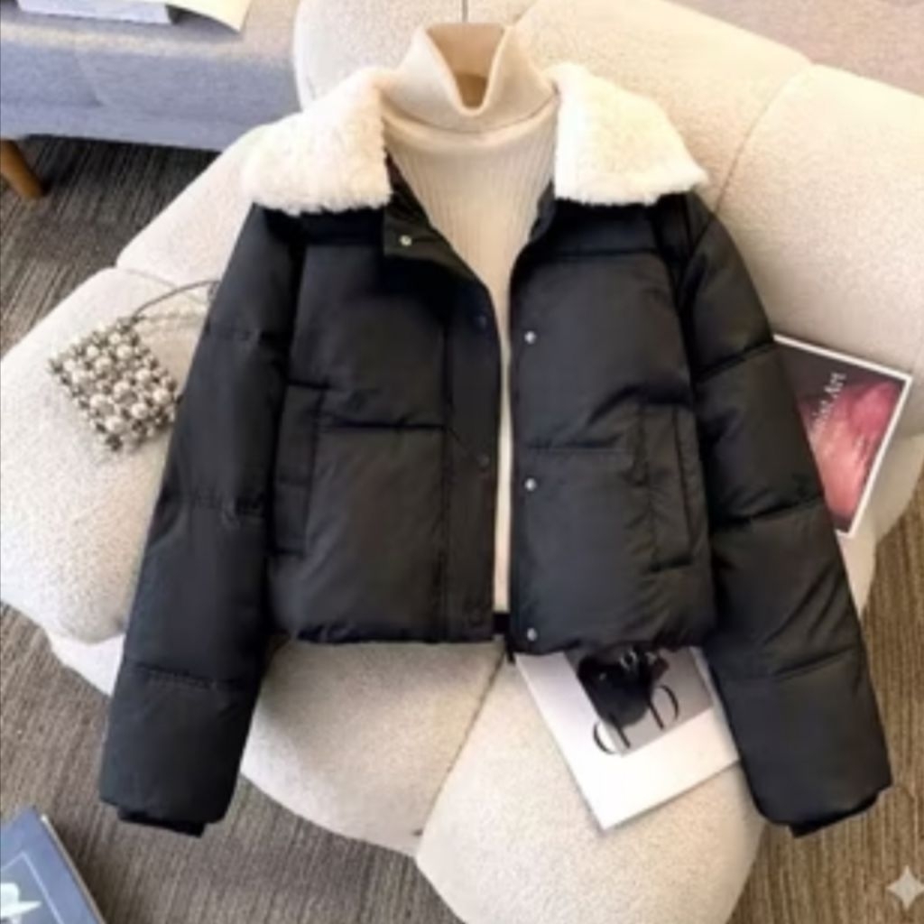 Jaket crop wanita/ Jaket crop musim dingin/ Jaket mantel wanita/ Jaket kerah bulu korean style