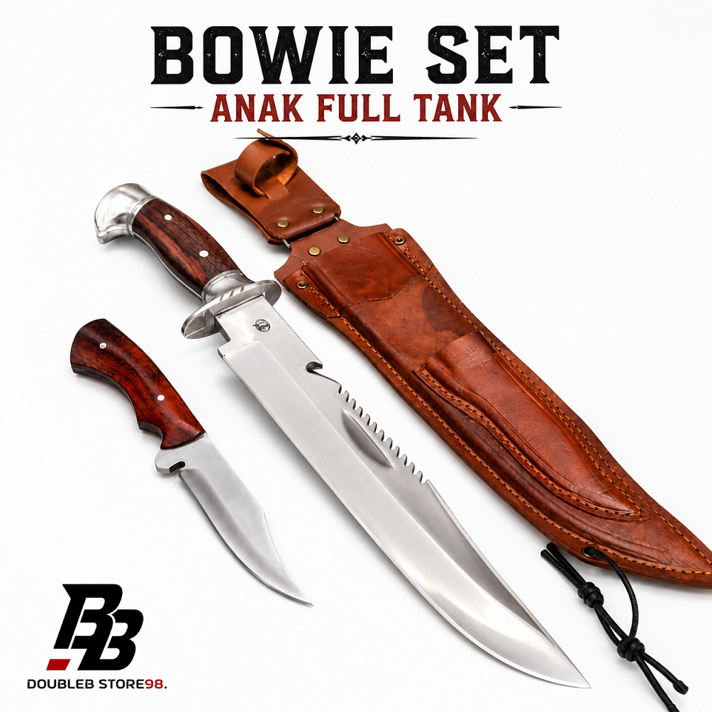 Bowie Set Jumbo Anak Full Tang | Baja Per Tempa Sepuh | Sarung Kulit Sapi Asli | Bonus Pisau Kecil |