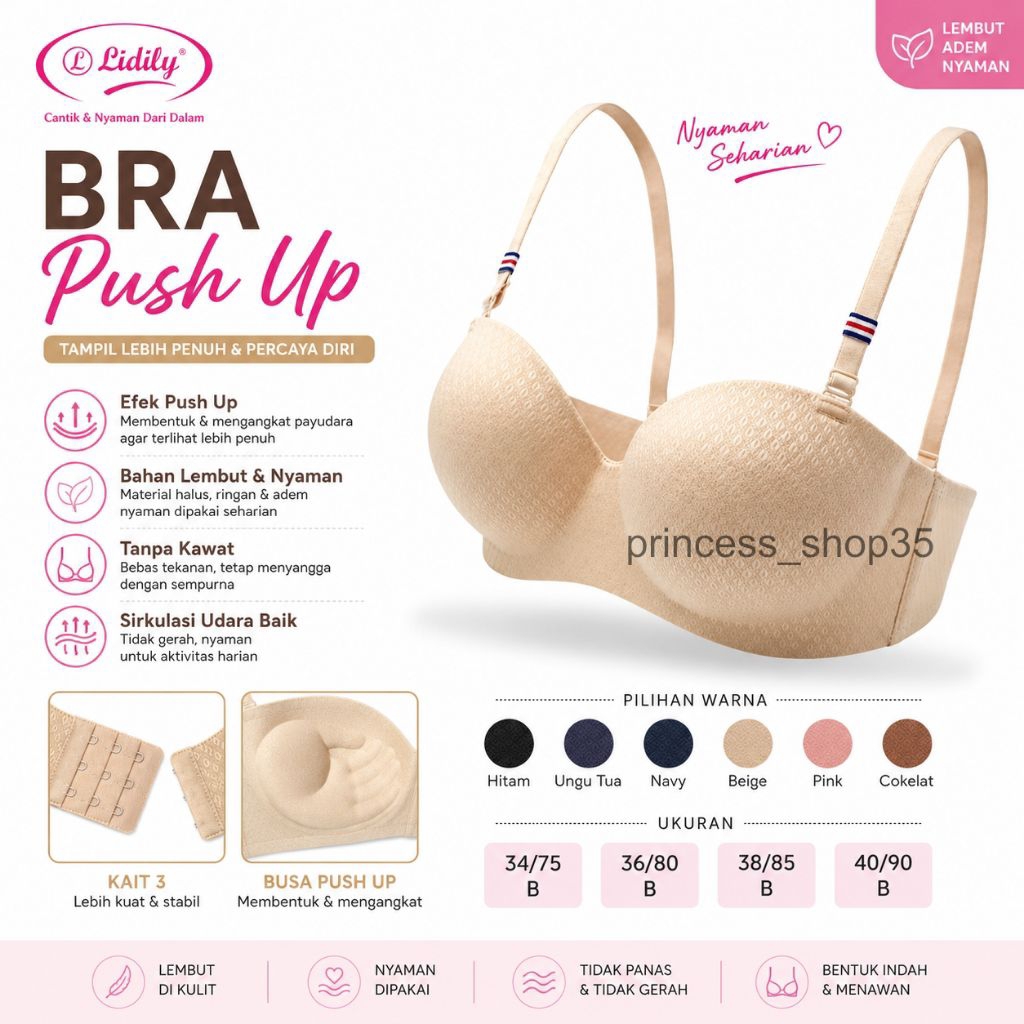 Lidily Bra Seamless Push Up Tanpa Kawat Busa Sedang Cup B Lembut Nyaman  - BH Lidily 3553