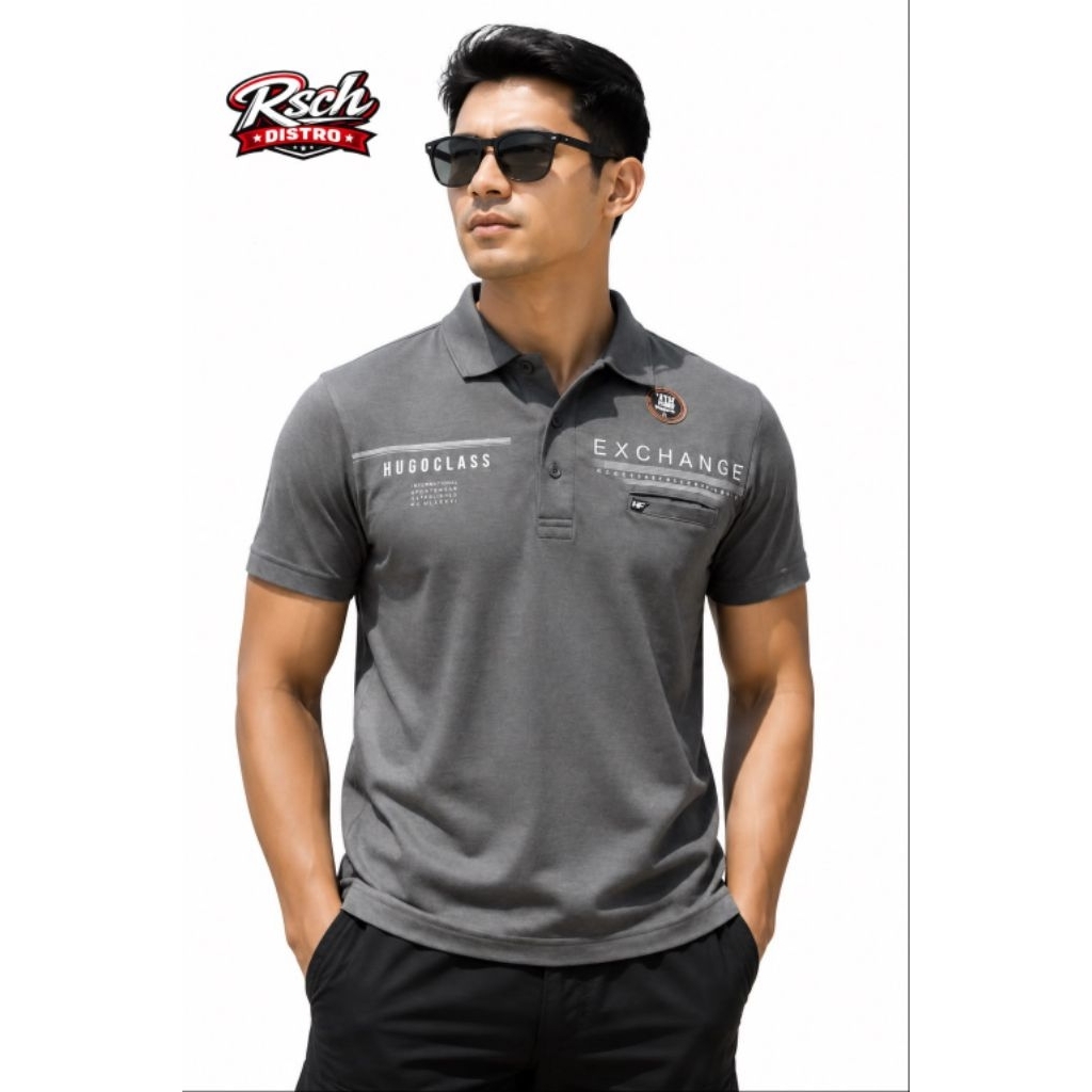Kaos Kerah Fashion Pria HUGO CLASS Original OKEBOSS Combet Polos Kombinasi Pundak M-XXL (Kancing)