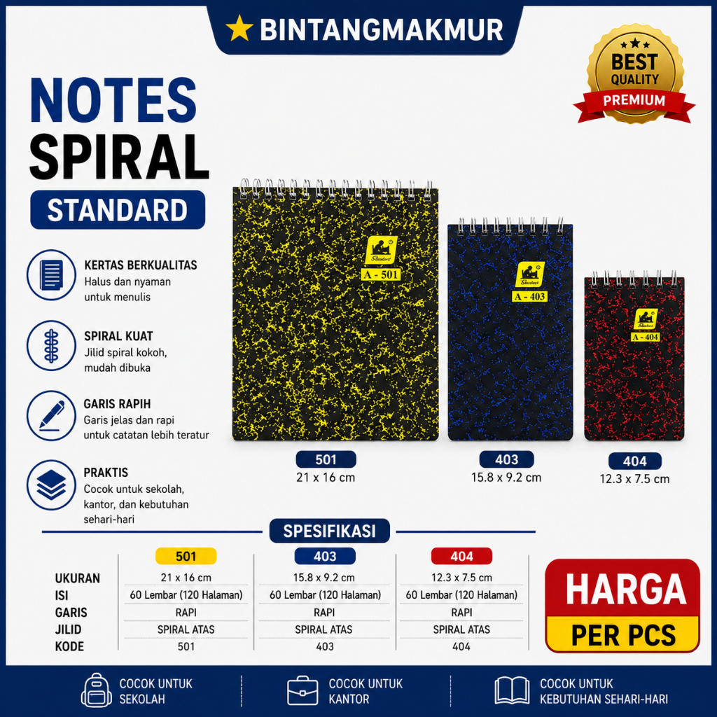 [Harga Per Pcs]  NOTES SPIRAL STANDARD 404 403 501 Kecil Sedang Besar Notebook Ring Notepad Pocket