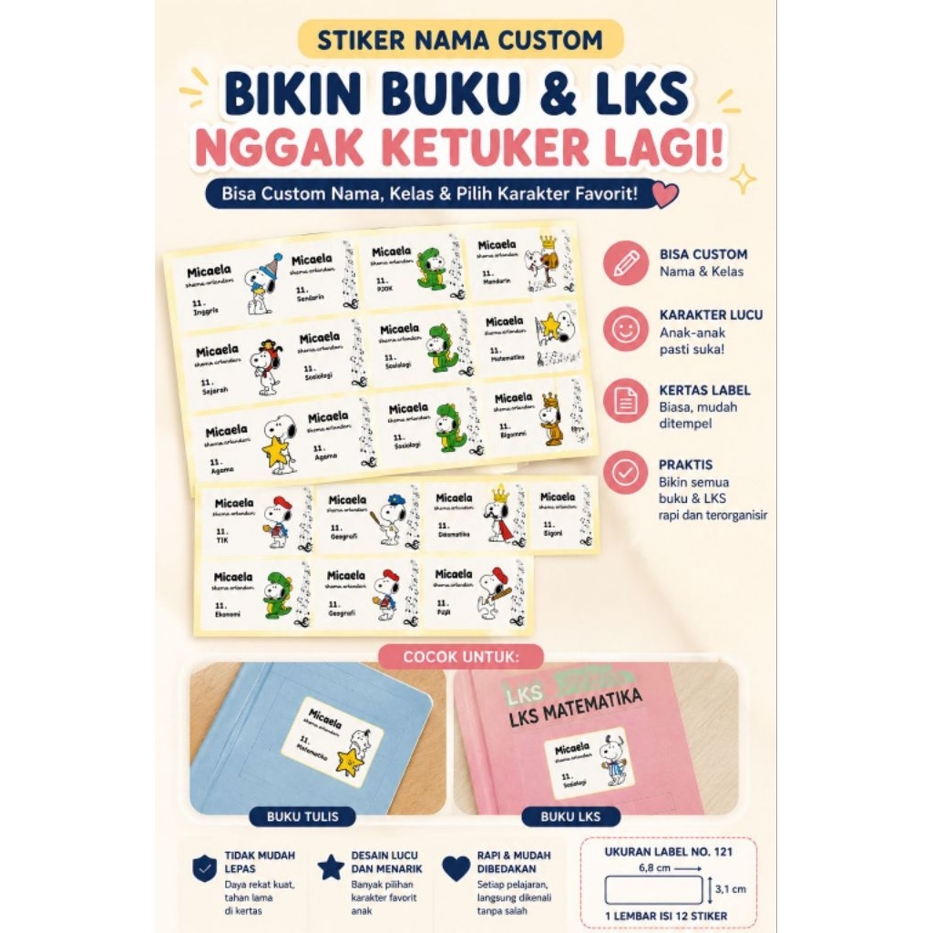 LABEL NAMA CUSTOM, LABEL BUKU TULIS, LABEL LKS, KERTAS LABEL, LABEL NAMA KARAKTER