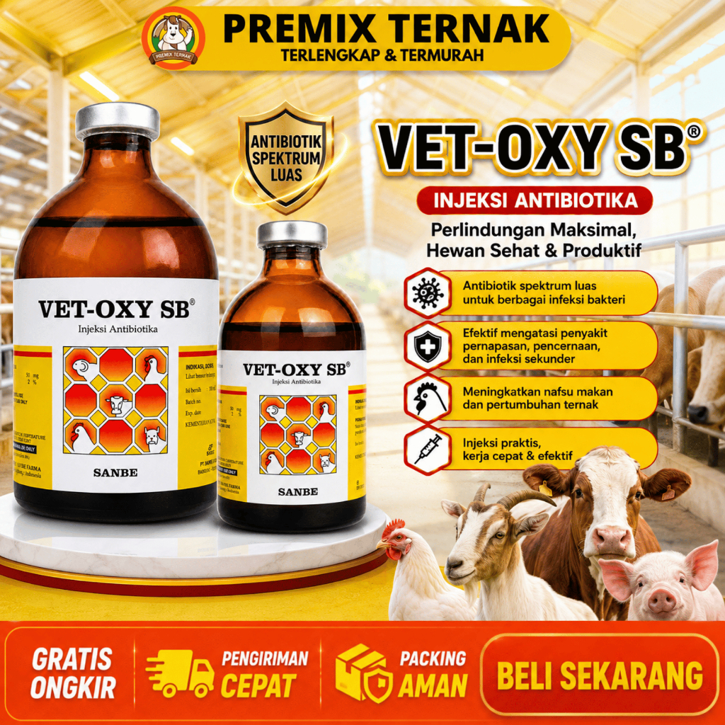 VET OXY SB 100ML & VET OXY SB 50ML SANBE - Obat Hewan Anti Infeksi Bakteri Ternak Sapi Kambing Babi